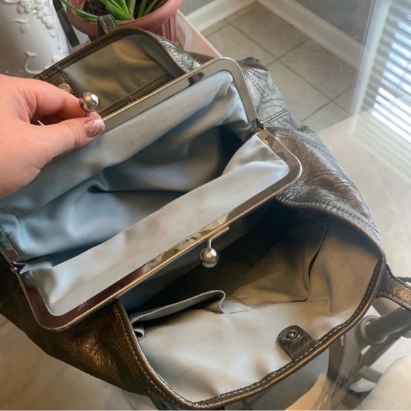 Coach Green Metallic Leather Signature Stitched Satchel Shoulder Bag Purse - Picture 4 of 7